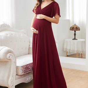 Maternity Flutter Sleeve Plisse Chiffon Formal Maxi Dress